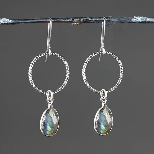Silver Medium Circle w/ Clear Quartz Earrings