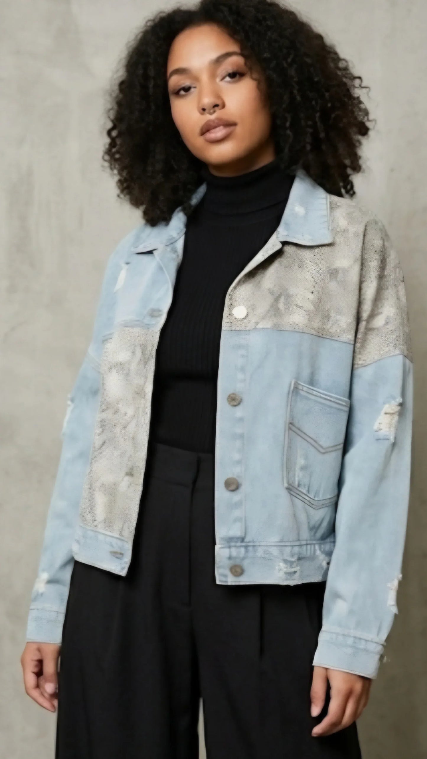 Model wearing a Light wash oversized denim jacket with snakeskin shoulder detail, bohemian style, women's statement outerwear