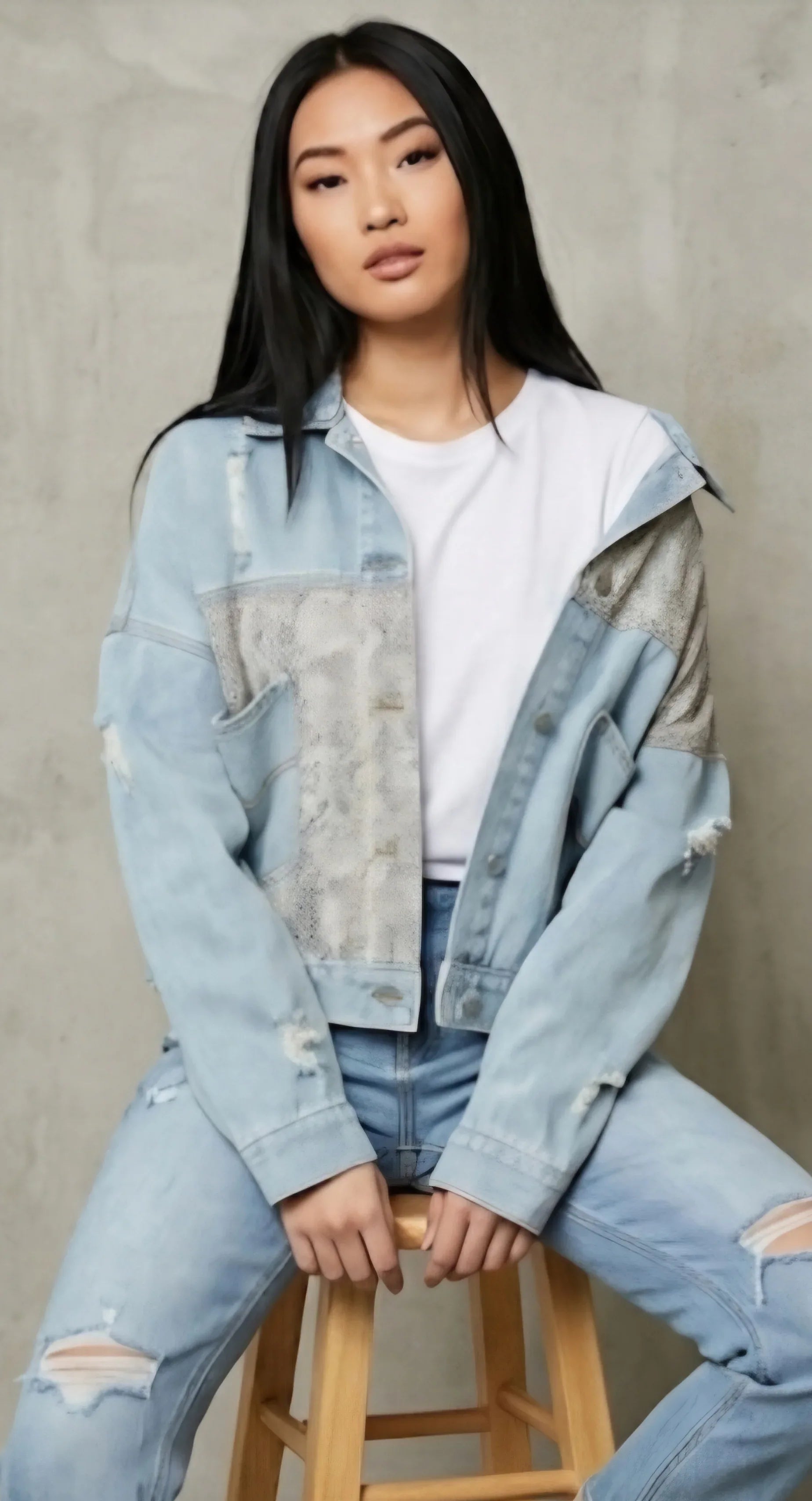 Oversized denim jacket with snakeskin patchwork, achieving a boho street style with the casual off the shoulder fit.