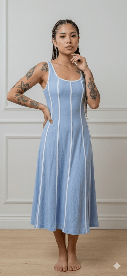 Vestido midi celeste de rayas blancas, escote cuadrado, tirantes y silueta acampanada