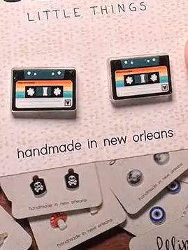 Novelty stud earrings with colorful cassette-style graphic tiles