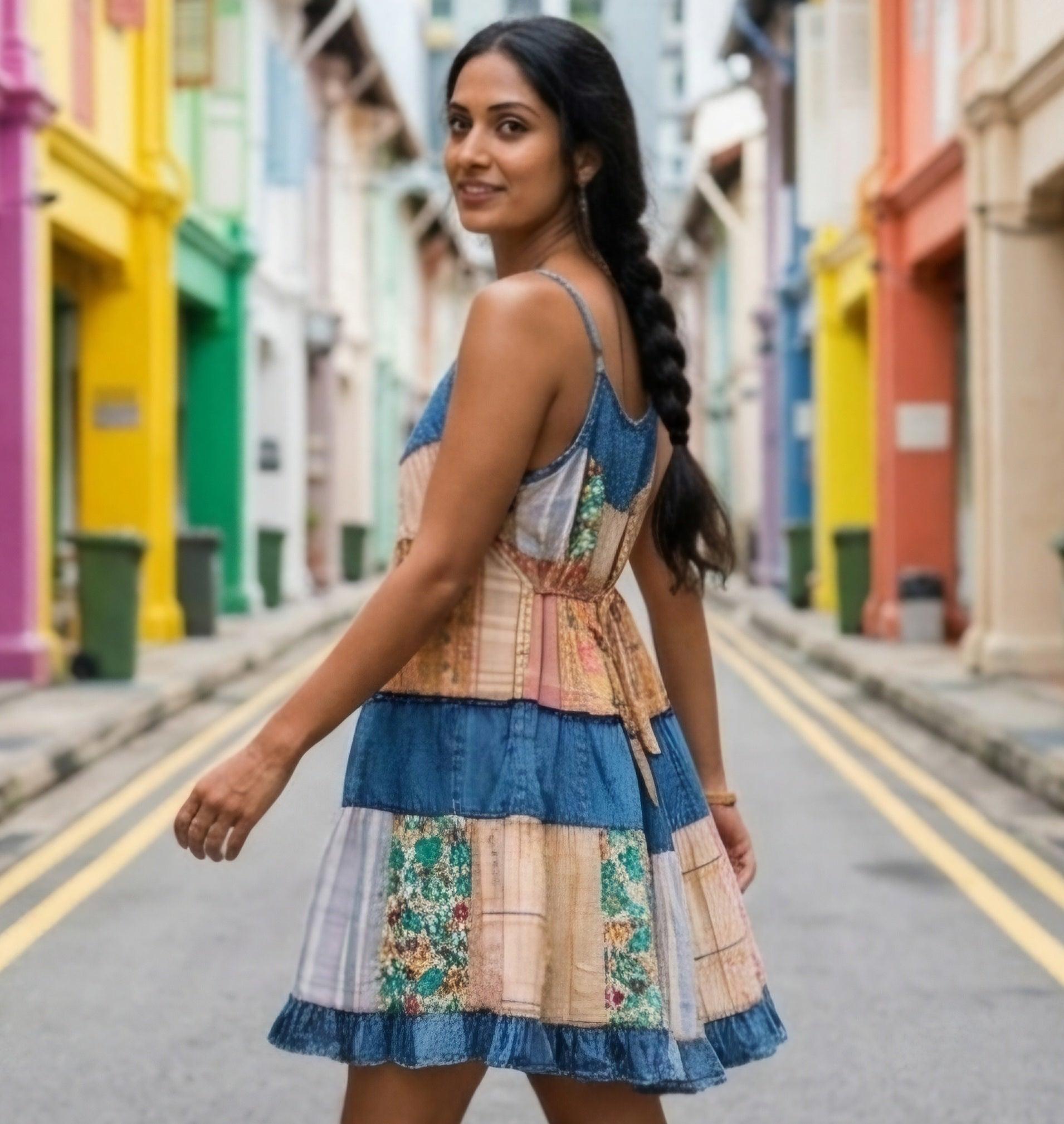 Woman in a colorful dress standing on a street with multicolored buildings wearing a lightweight women’s summer sundress in a colorful tiered patchwork design. This sleeveless boho dress with blue lace detailing is a must-have for beach vacations, resort wear, and hot weather styling.
