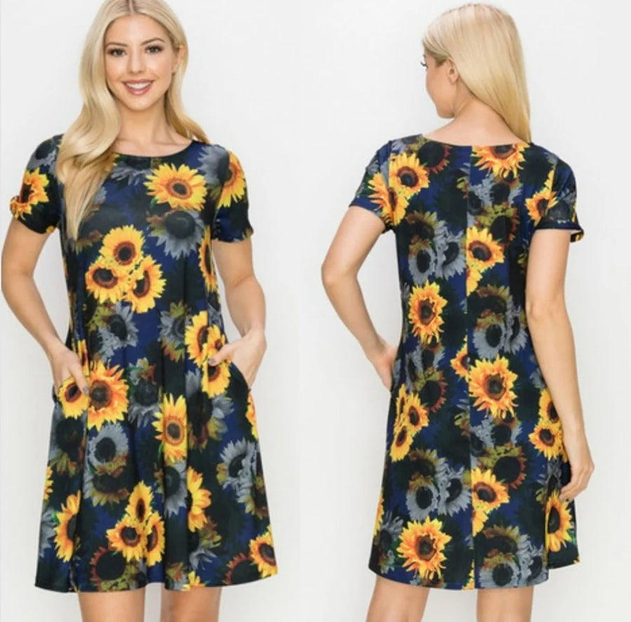 Sunflower dress with pockets and short sleeves