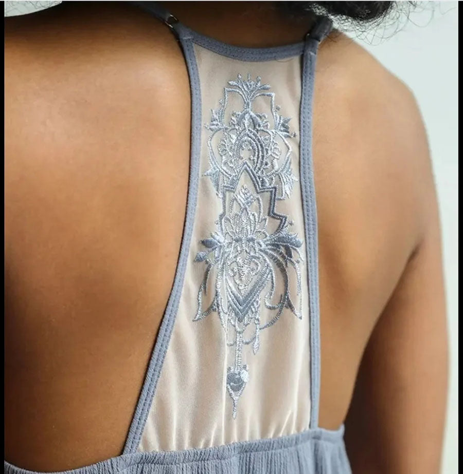 Ruffled Trim Tattoo Mesh Back Slip Dress