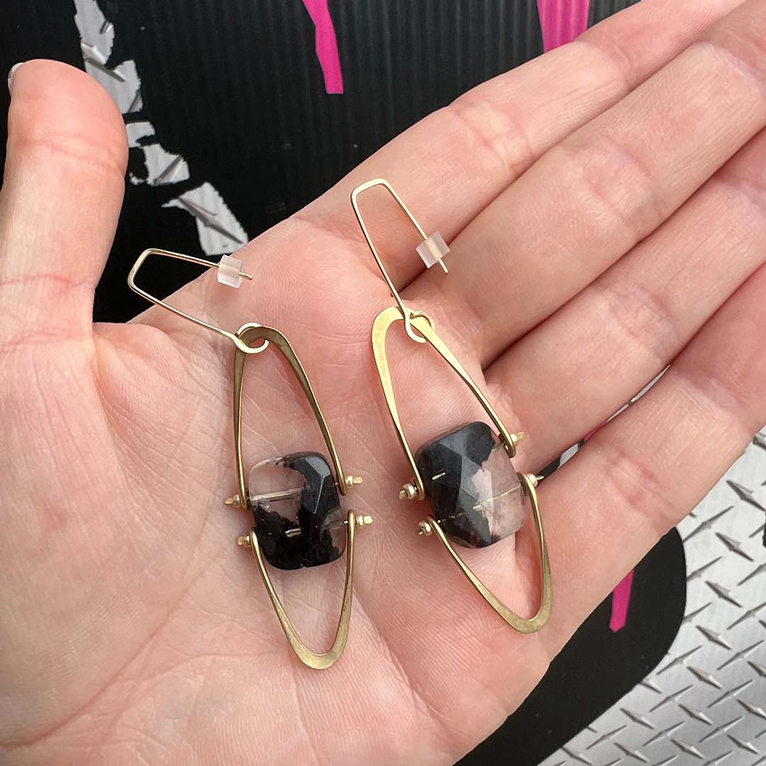 Tourmalinated Quartz Dangling Gold Earrings
