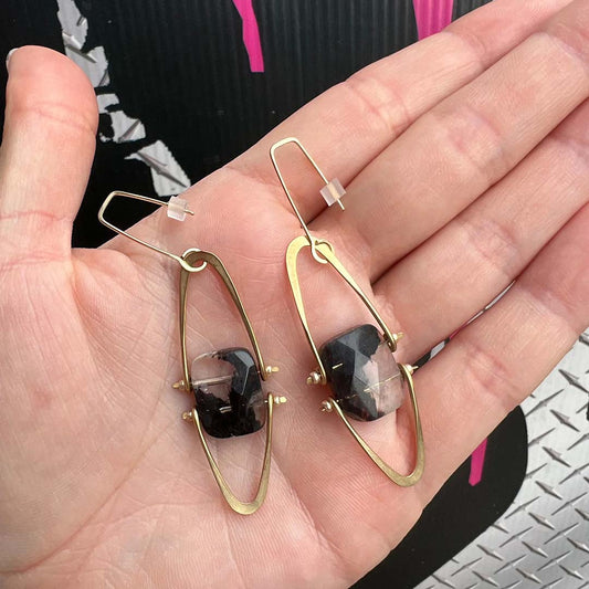 Tourmalinated Quartz Dangling Gold Earrings