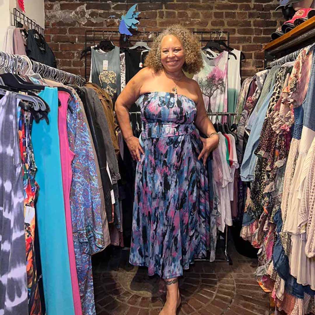 Strapless Flowy Summer Dress with Artistic Print
