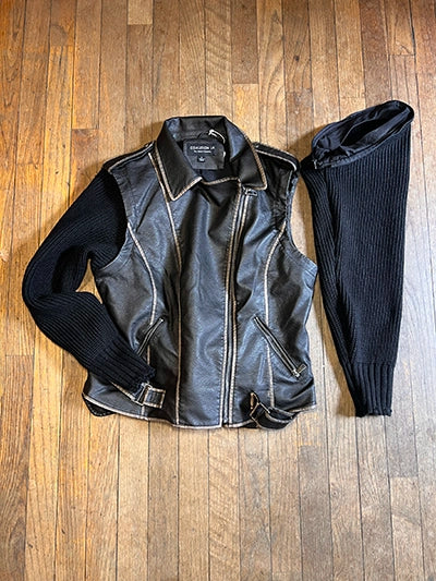 Black vegan leather moto vest with zip front, notched collar, side belt details