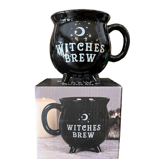 Black mug with 'Witches Brew' text on a white background