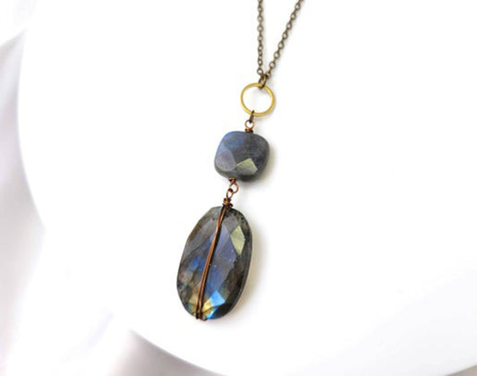 Wrapped Labradorite Stone Brass Necklace (Long Necklace)
