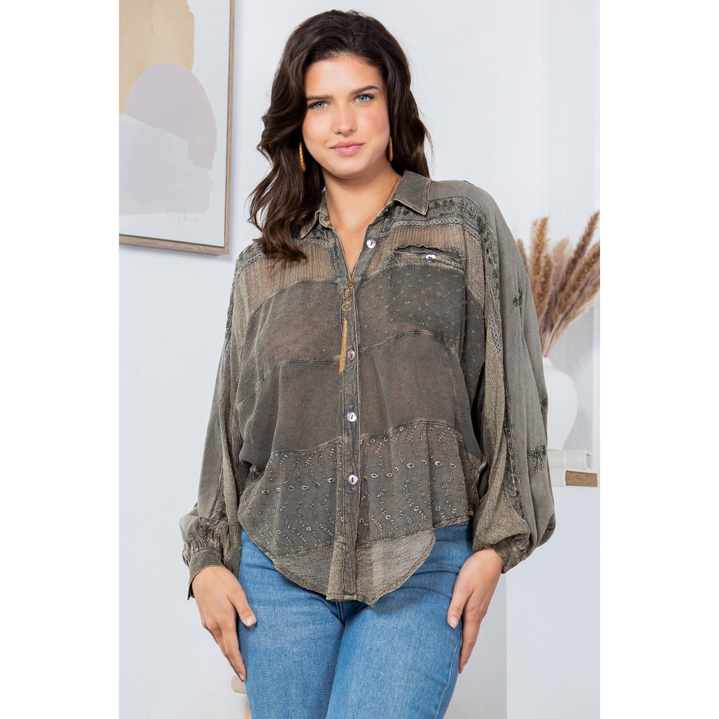 Embroidered patchwork tunic shirt, dark olive/gray, button front with decorative yoke