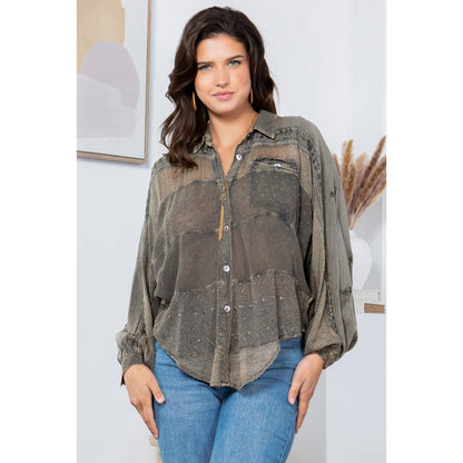 Embroidered patchwork tunic shirt, dark olive/gray, button front with decorative yoke