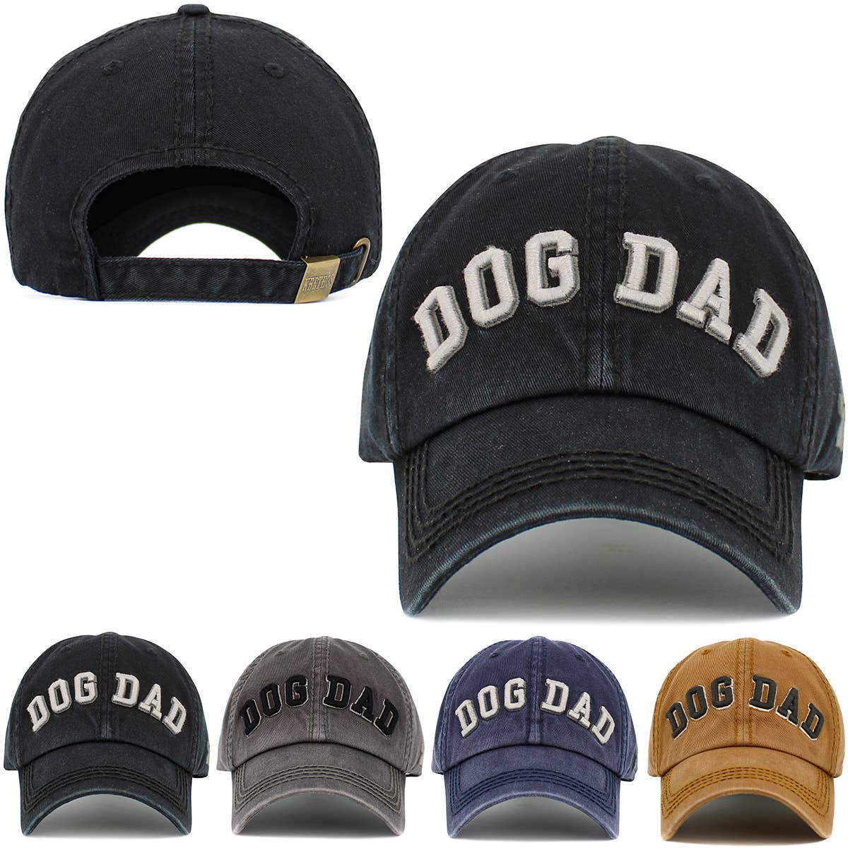 Black washed vintage baseball cap, adjustable back strap, front DOG DAD print