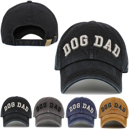 Black washed vintage baseball cap, adjustable back strap, front DOG DAD print