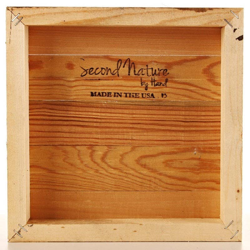 Reclaimed wood sign back with brand text and “Made in the USA” stamp