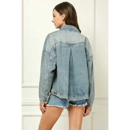 Med Wash oversized semi cropped denim jacket, back view with yoke and seam