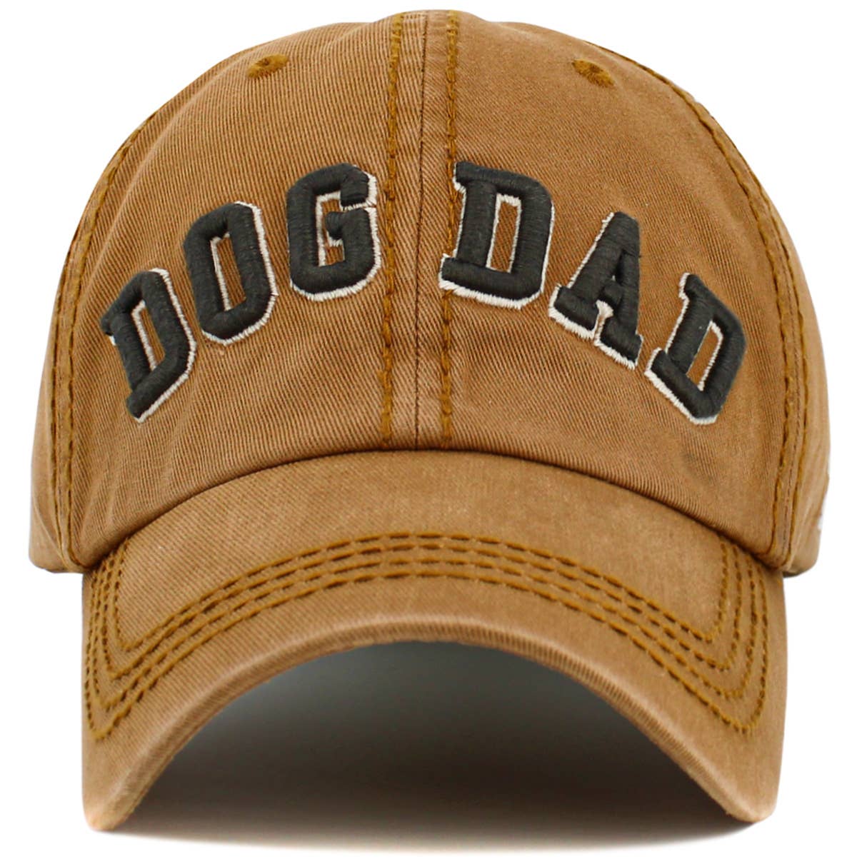 Mustard vintage ballcap with DOG DAD lettering and curved brim