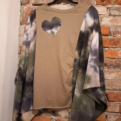 Back of handmade Philadelphia Eagles Poncho with patchwork or tie dyed thermal,  camo colors, tan tee shirt and tie dyed heart applique