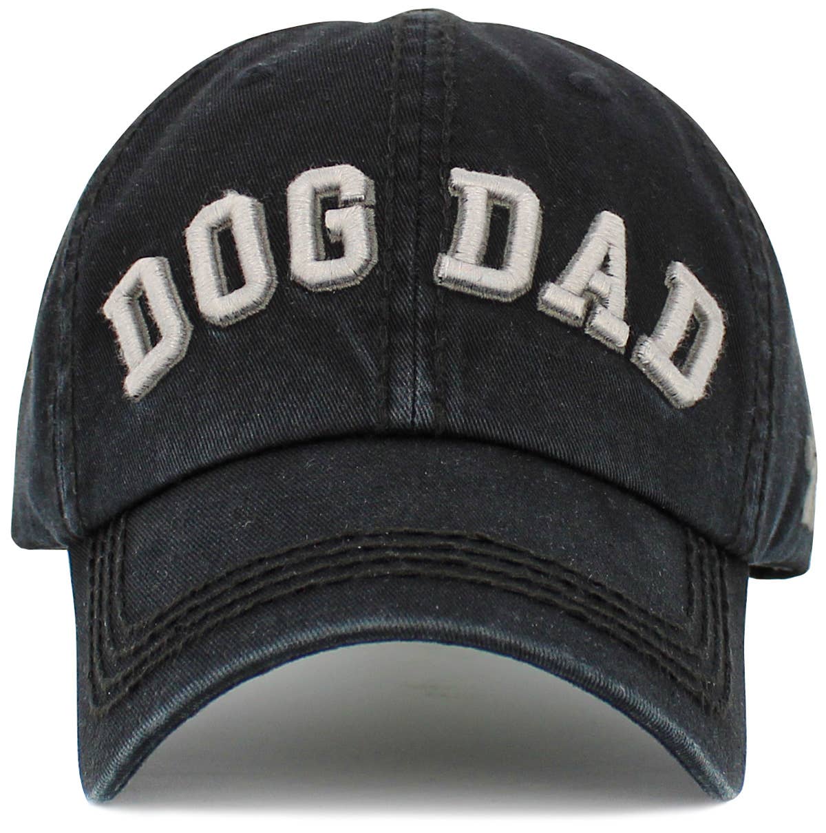 Black vintage ballcap with large “DOG DAD” lettering across the front
