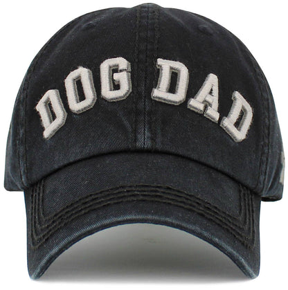 Black vintage ballcap with large “DOG DAD” lettering across the front