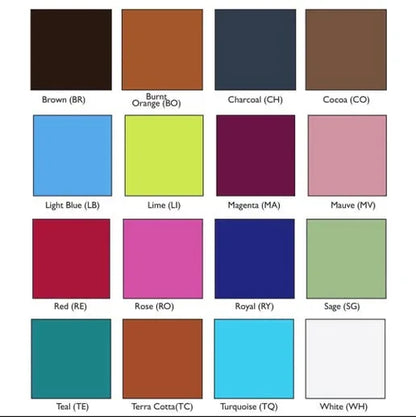 Shrug color swatch chart showing many solid colors