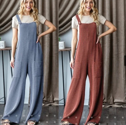 side by side pictures of the ribbed jumpsuit fit in light denim and rust with a simple white tee.