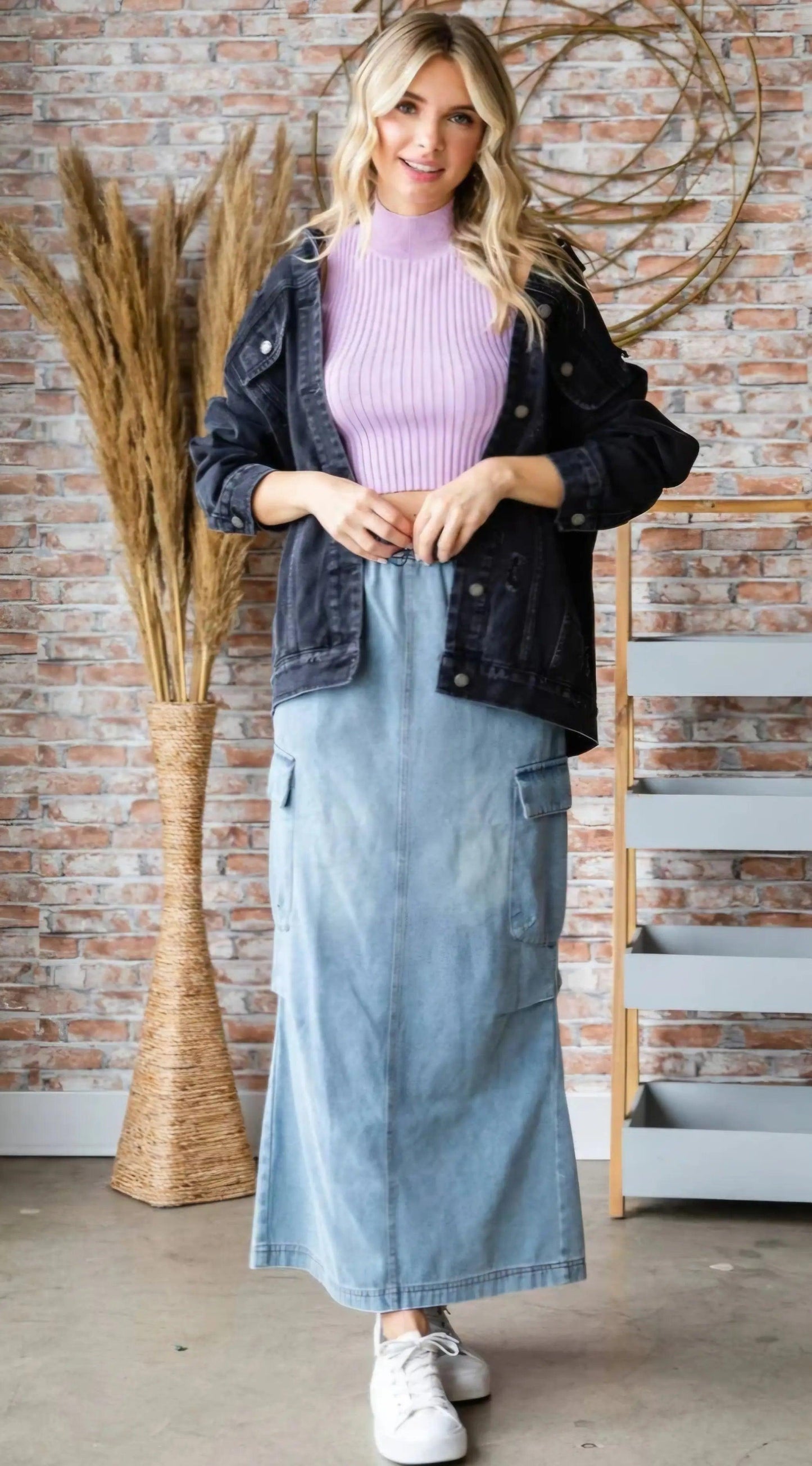 Denim cargo maxi skirt styled with oversized dark denim jacket and lilac ribbed turtleneck — coastal cowgirl street style OOTD