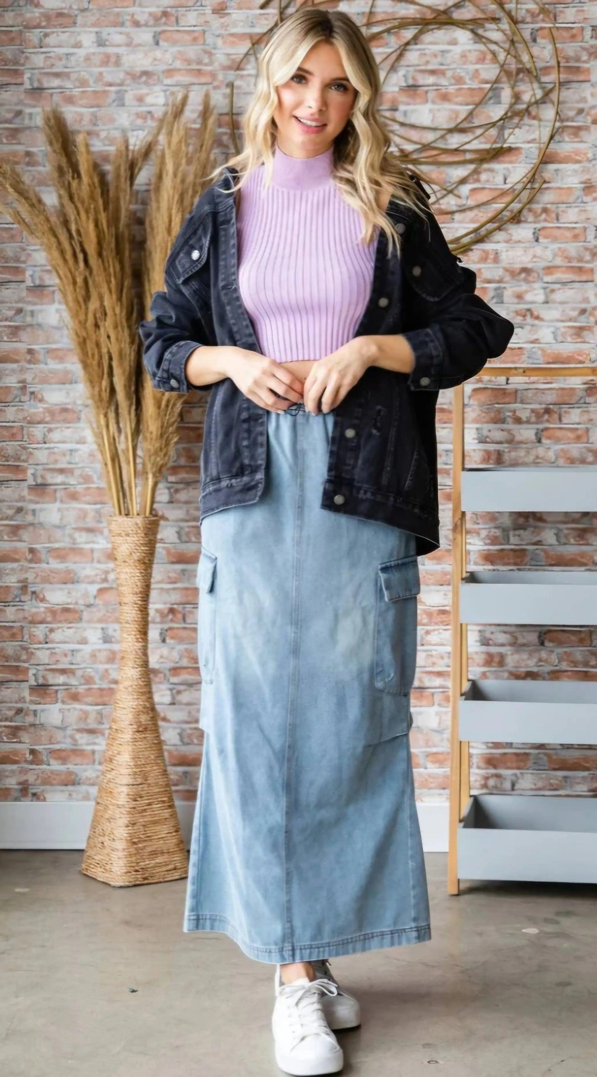 Denim cargo maxi skirt styled with oversized dark denim jacket and lilac ribbed turtleneck — coastal cowgirl street style OOTD