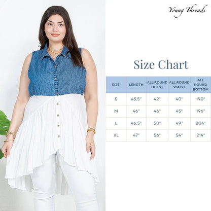 Woman wearing a blue denim top and white skirt with a size chart on a white background