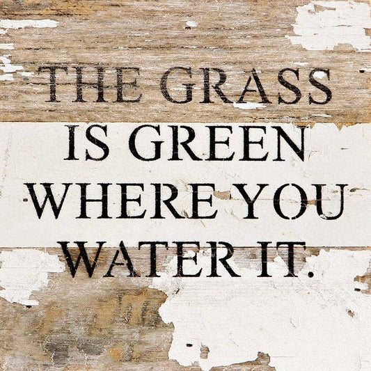 White distressed reclaimed wood sign with black text: “THE GRASS IS GREEN WHERE YOU WATER IT.”