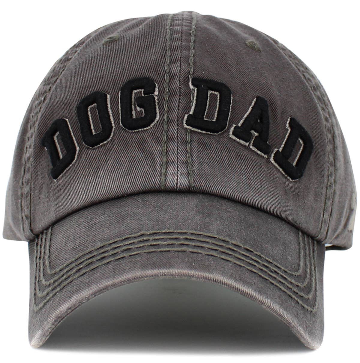 Dark grey vintage ballcap with “DOG DAD” lettering and stitched curved brim