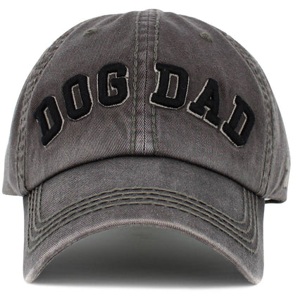 Dark grey vintage ballcap with “DOG DAD” lettering and stitched curved brim