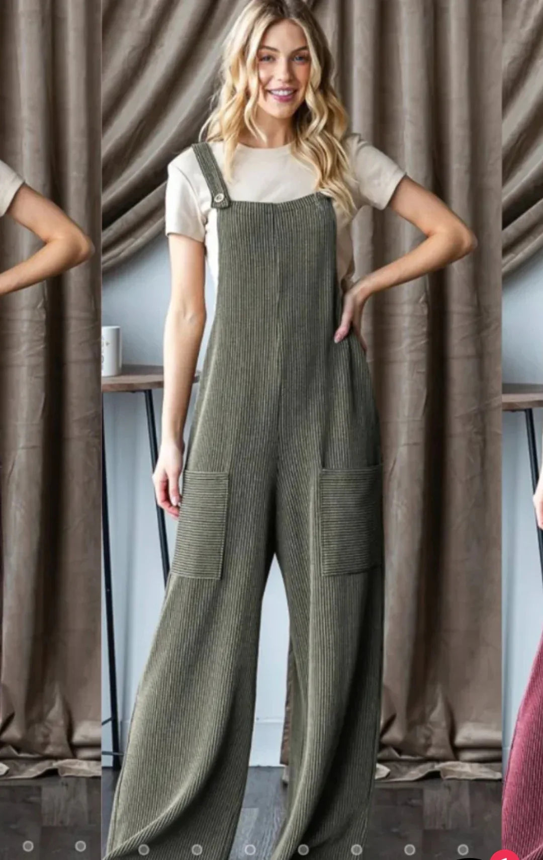 model showcasing the olive comfy jumpsuit with a simple white tee