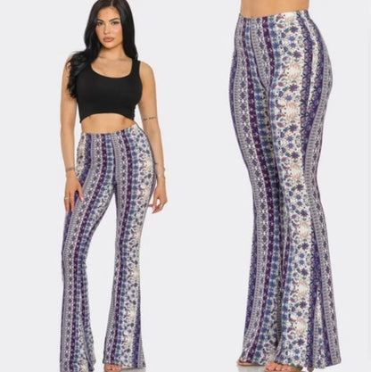 Butterfly flare legging pants, purple-blue patterned high-rise fit