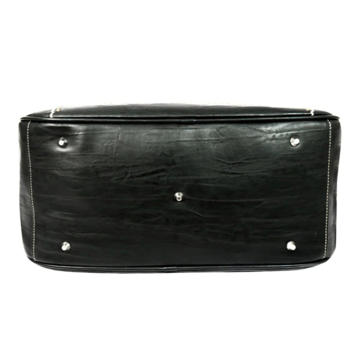 Black leather handbag with silver studs on a white background