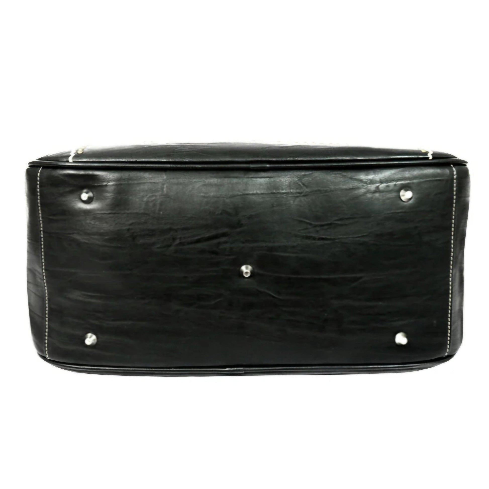 Black leather handbag with silver studs on a white background