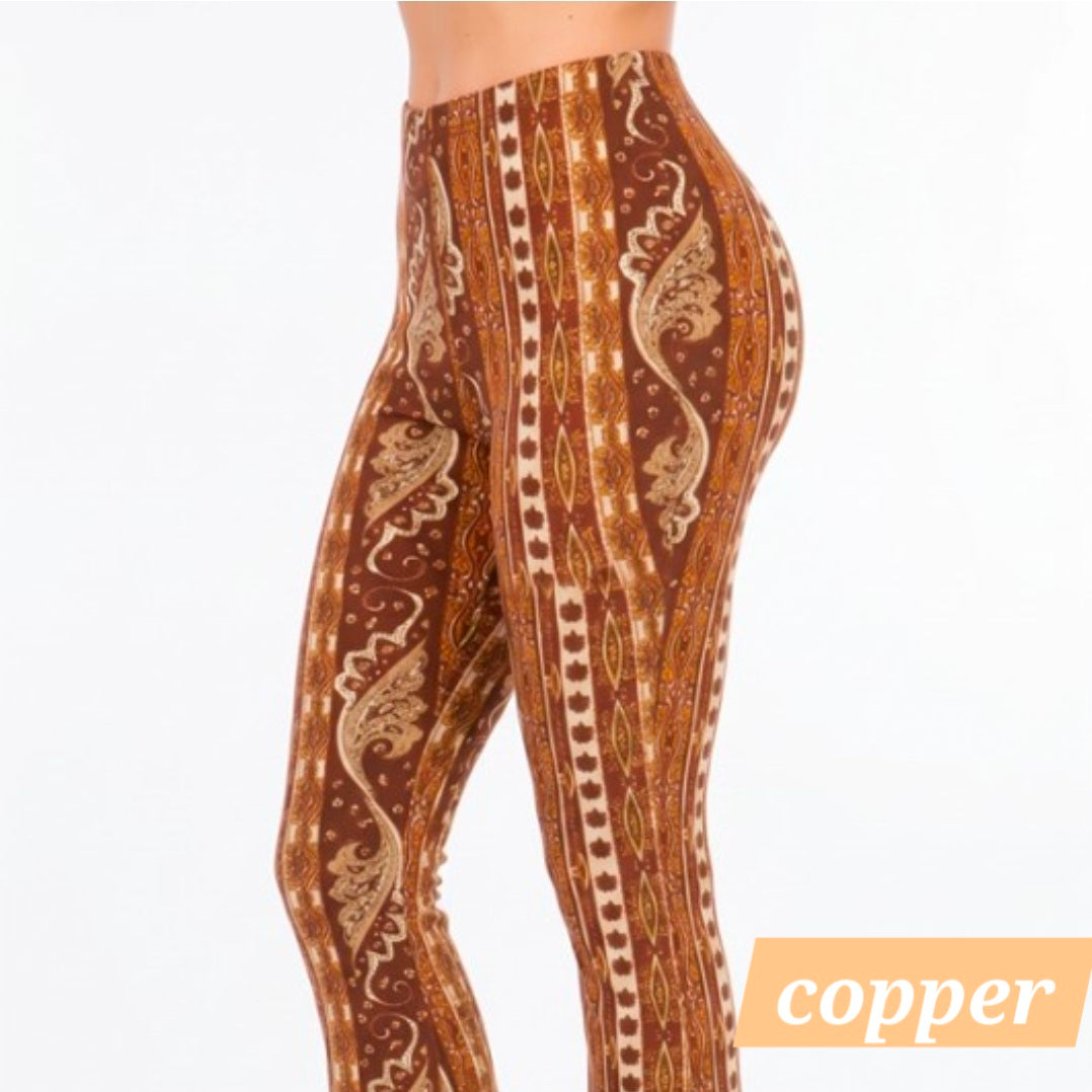 Copper brown paisley flare leggings with light ornamental pattern rows