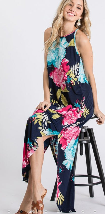 Floral Round Neck Maxi Dress with Pockets