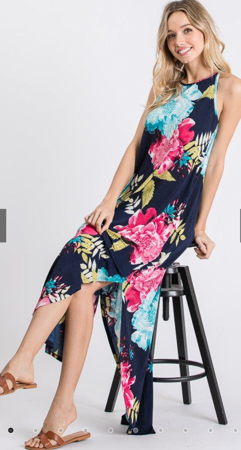 Floral Round Neck Maxi Dress with Pockets