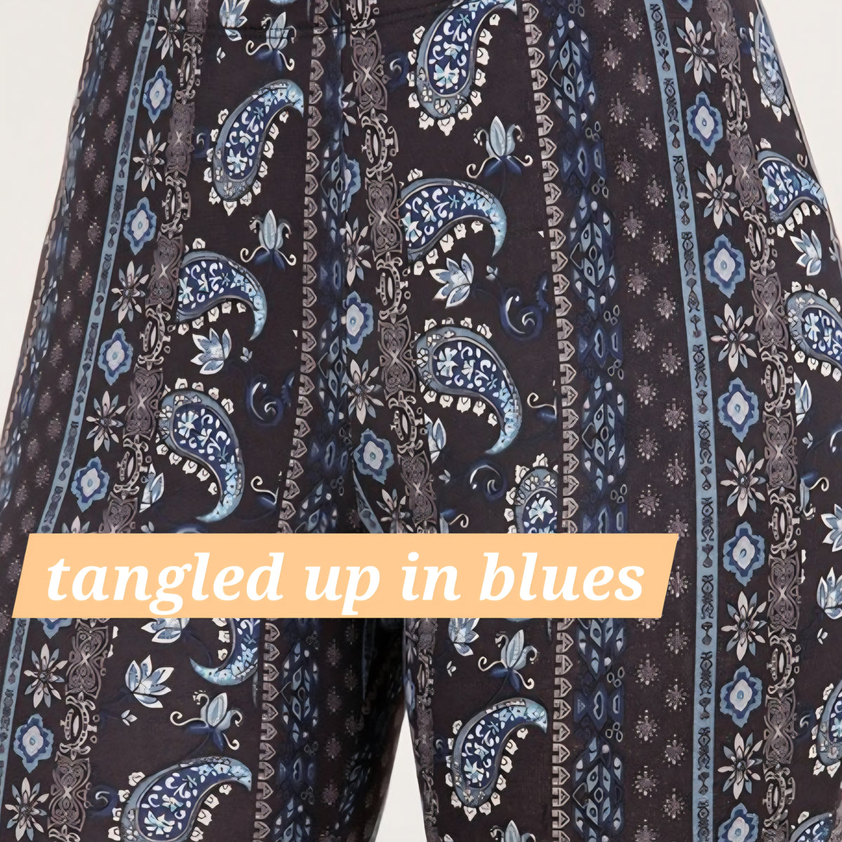 Tangled blue pattern flare leggings with ornate paisley and floral motifs