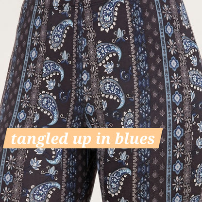 Tangled blue pattern flare leggings with ornate paisley and floral motifs