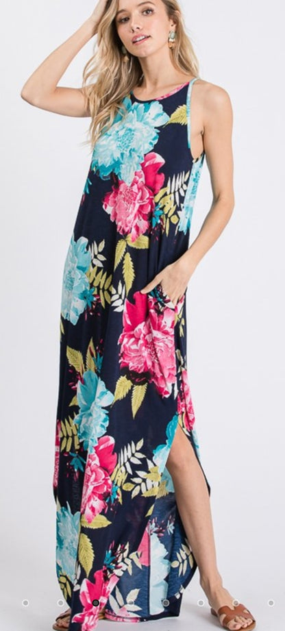 Floral Round Neck Maxi Dress with Pockets