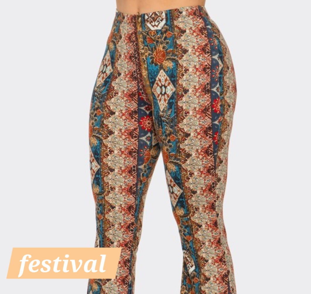 Festival patchwork flare leggings with colorful floral and paisley prints