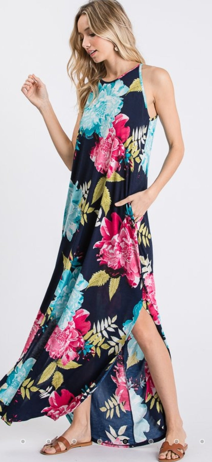 Floral Round Neck Maxi Dress with Pockets