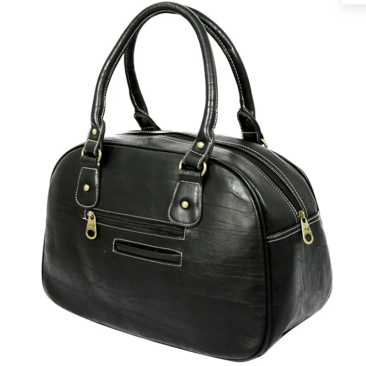 Black handbag with gold accents on a white background