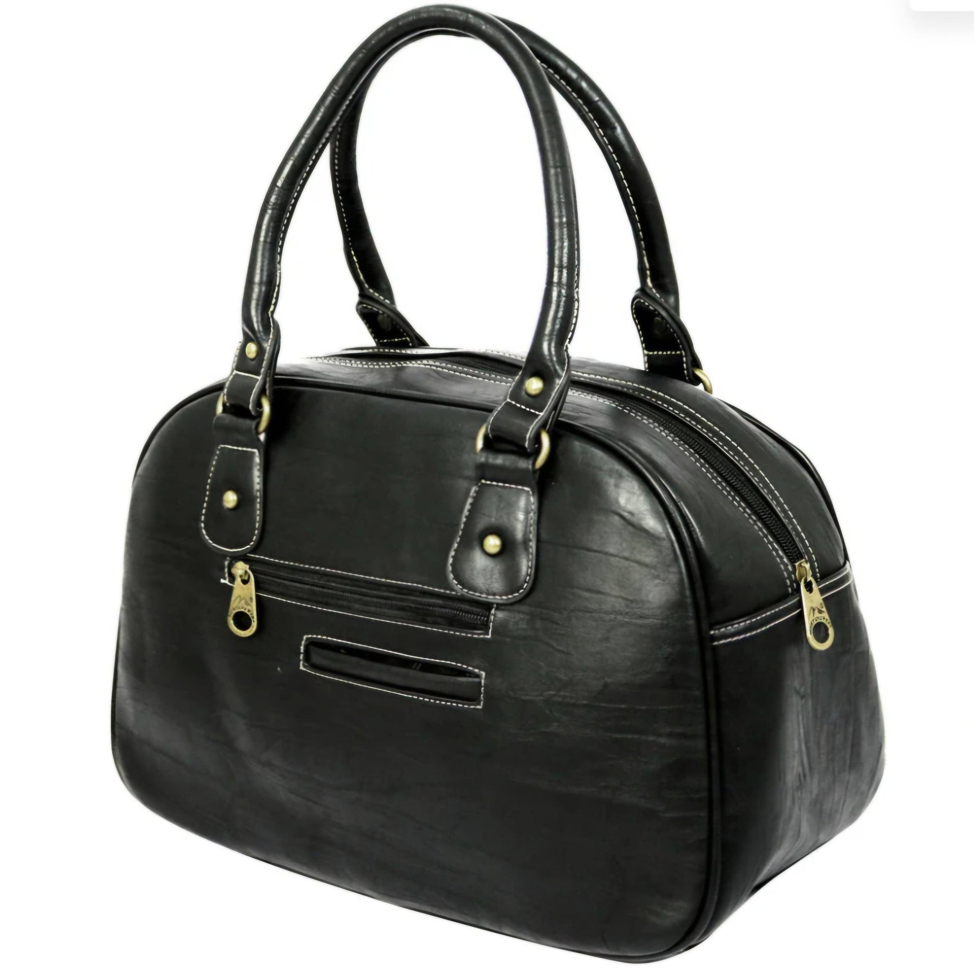 Black handbag with gold accents on a white background