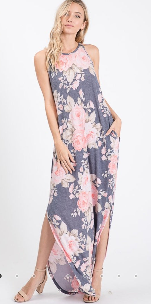 Soft Floral, Round Neck Maxi Dress