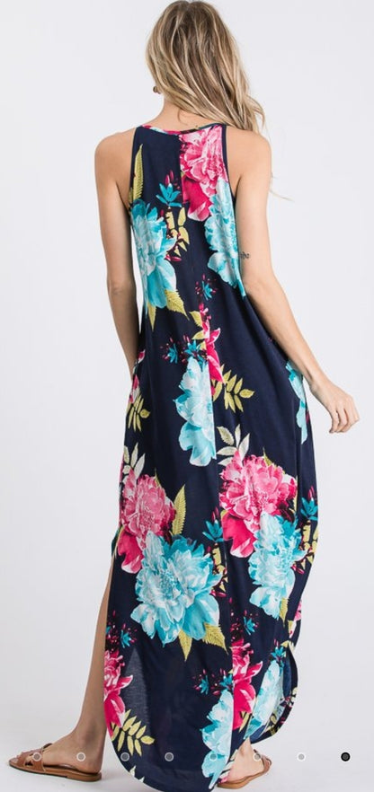 Floral Round Neck Maxi Dress with Pockets