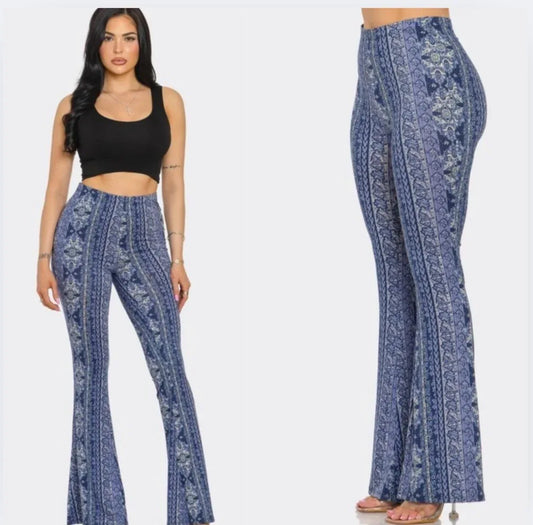 Blue flare legging pants with blue patterned waist-to-hem design, wide bell bottom