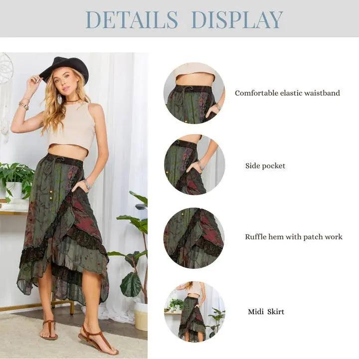 Tiered sheer midi skirt details: elastic waistband, side pocket, patchwork ruffle hem